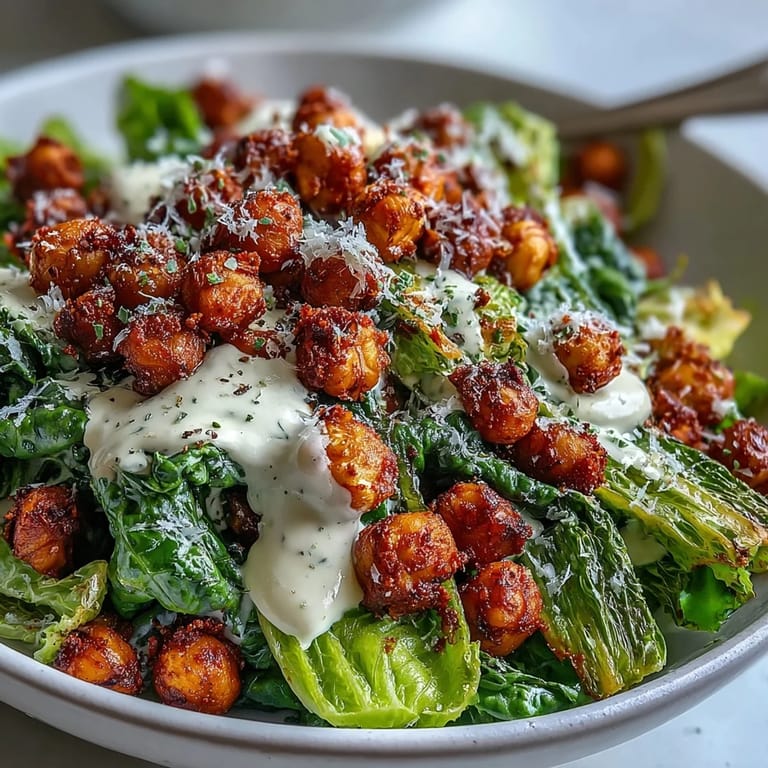 Golden roasted chickpeas and vegan Parmesan top a bowl of Vegan Roasted Chickpea Crouton Caesar Salad