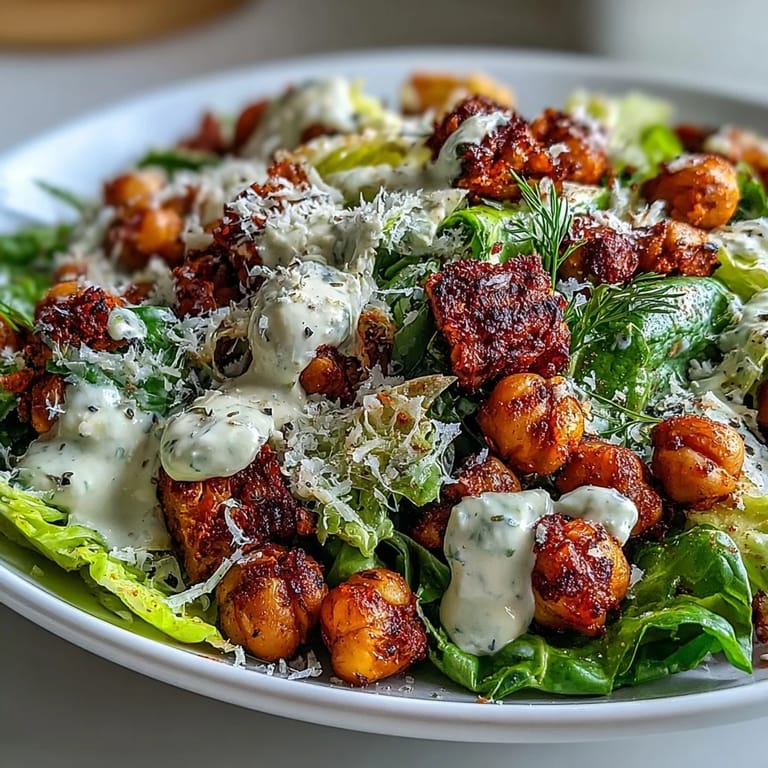 Healthy vegan main dish with romaine lettuce, cashew Caesar dressing, and crunchy chickpea croutons for dinner