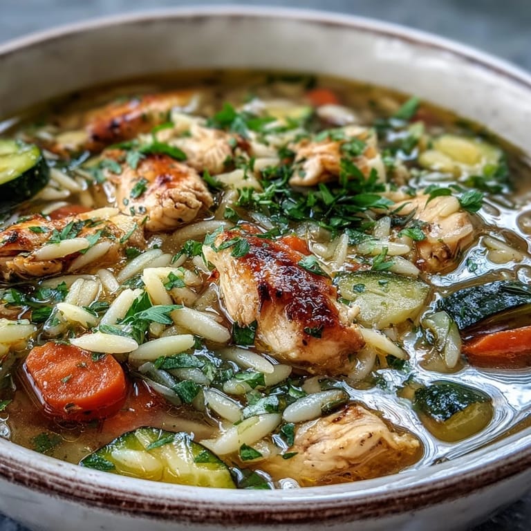 Spoonful of One-Pot Lemon Chicken and Zucchini Orzo Soup with zucchini and orzo.