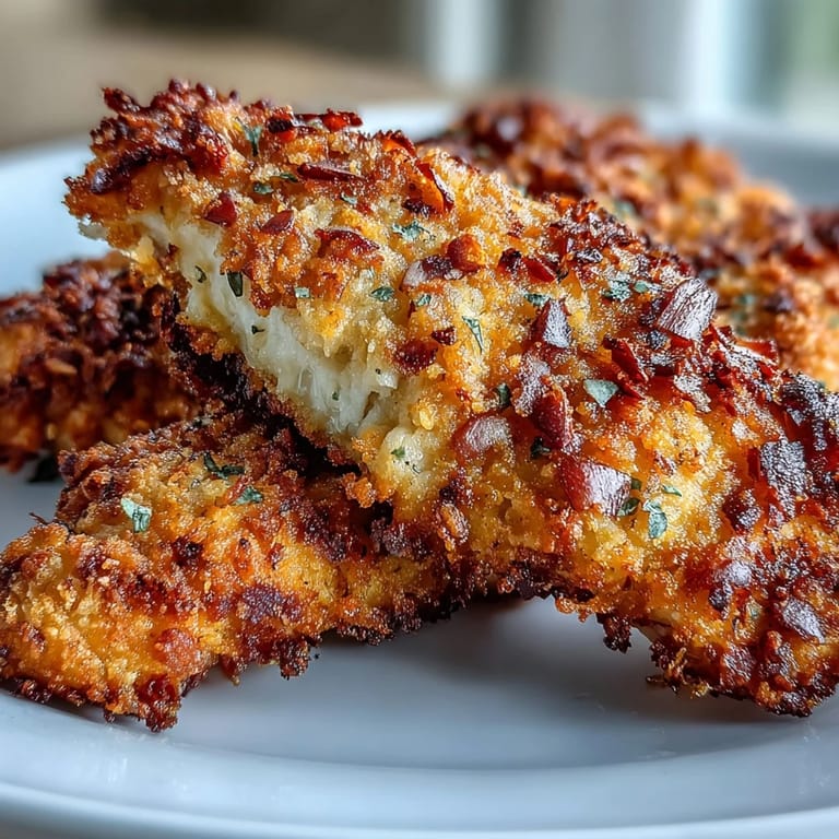 Golden fried Keto Crispy Parmesan Crusted Chicken Tenders on a platter with ranch slaw, garnished with chives and dill.