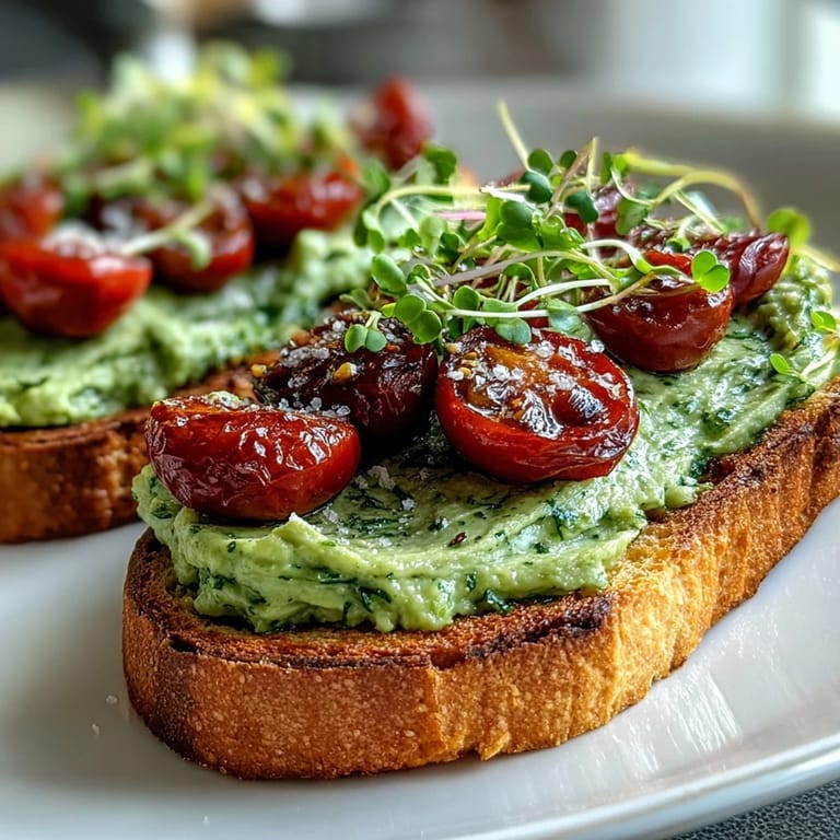Golden sourdough toast spread with creamy avocado pesto, finished with microgreens and cherry tomatoes.