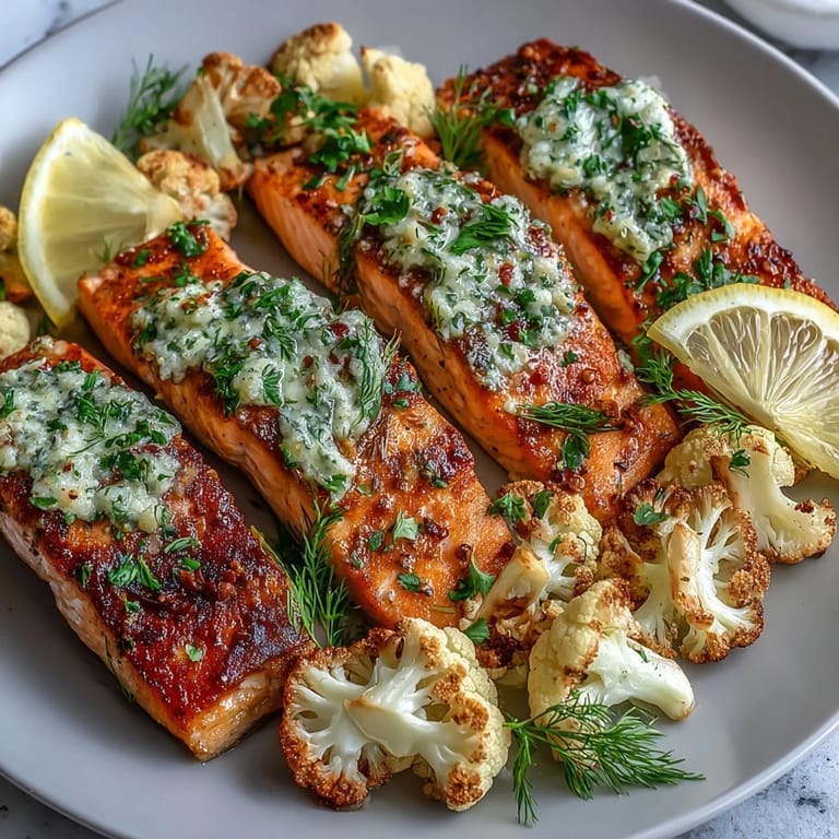 Crujiente coliflor asada y salmón con mantequilla de hierbas al horno, perfecto para una cena keto fácil.