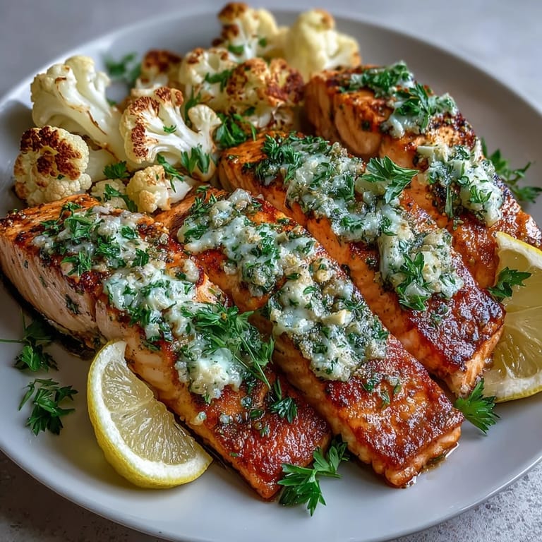 Salmón al horno con mantequilla de hierbas frescas y coliflor con especias, listo para servir con limón.