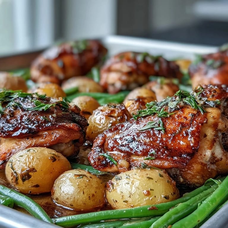 Delicioso Pollo al horno con limón y ajo, papas y judías verdes en una sola bandeja.