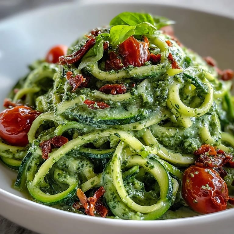 Spiralized zucchini noodles tossed in creamy vegan pumpkin seed pesto, topped with juicy cherry tomatoes for a fresh finish.