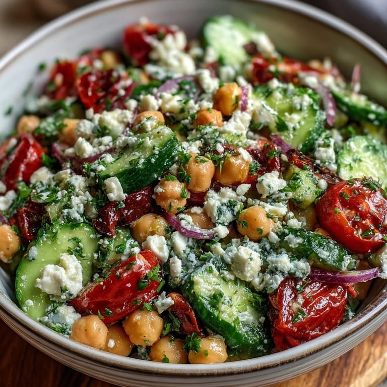 Colorful Mediterranean Chickpea Salad served as a light meal or side, finished with crumbled feta and olive oil dressing.