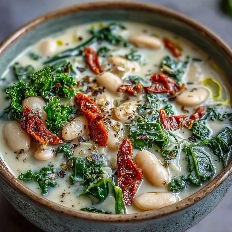 Vista cercana de la sopa tucana vegana con frijoles cannellini tiernos y kale lacinato en crema de anacardos.  