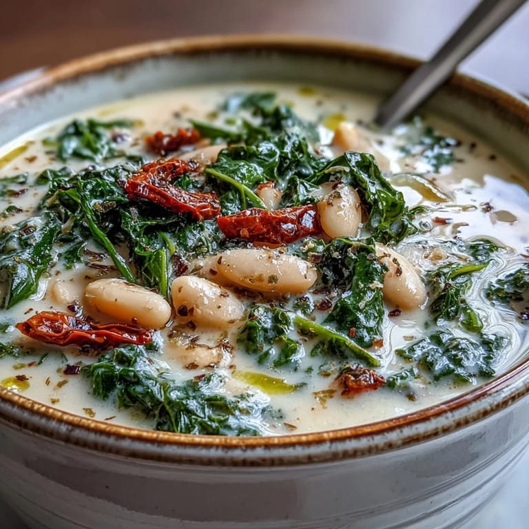 Plato de sopa cremosa de alubias blancas y col rizada, acompañada de pan rústico y pimienta recién molida.