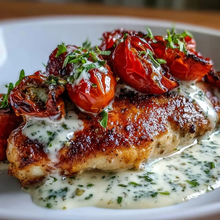 Tierno pollo en salsa cremosa de pesto con tomates cherry asados y jugosos.