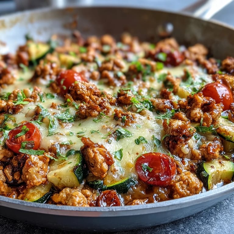 Sartén de taco de pavo y calabacín en una sola olla, con pavo dorado, calabacín tierno y queso cheddar derretido, servido con cilantro fresco y jugo de limón.
