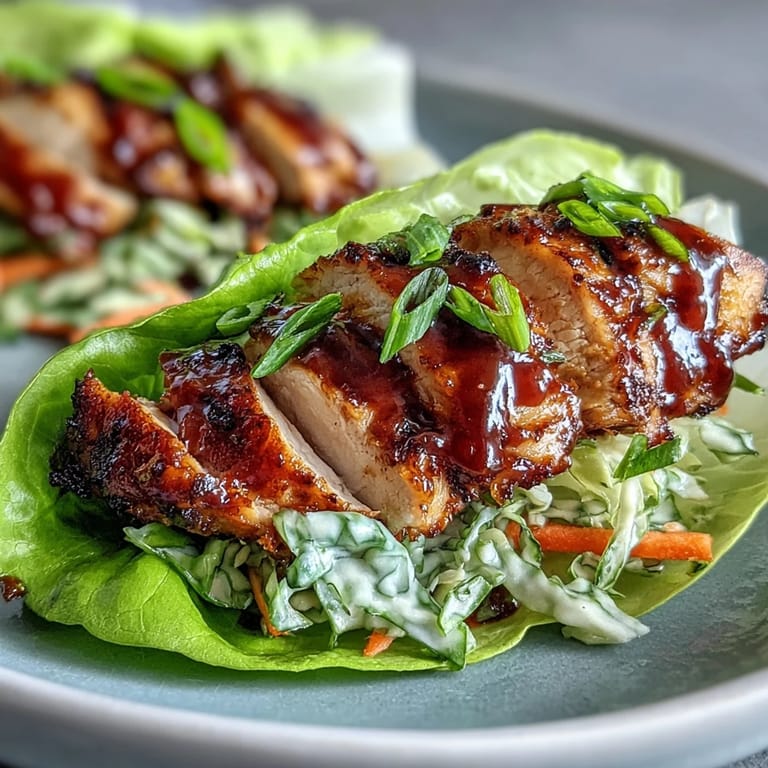 Envoltorios de lechuga fresca con pollo BBQ sazonado y ensalada de col ácida, una opción sabrosa y nutritiva para el almuerzo o la cena.