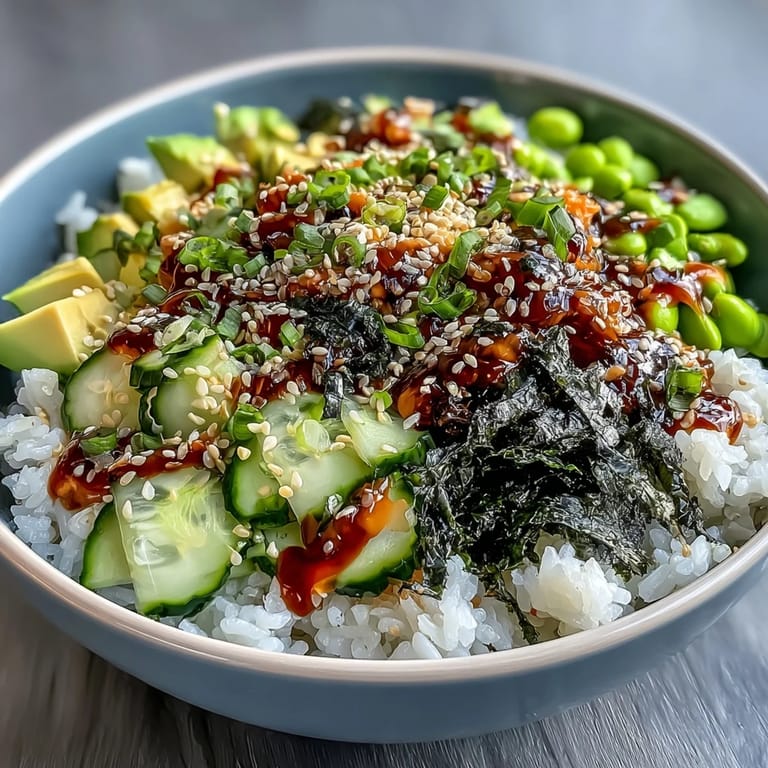 2. Colorful deconstructed sushi bowl featuring sushi rice, fresh vegetables, toasted sesame seeds, and a zesty spicy mayo drizzle for a quick meal.  