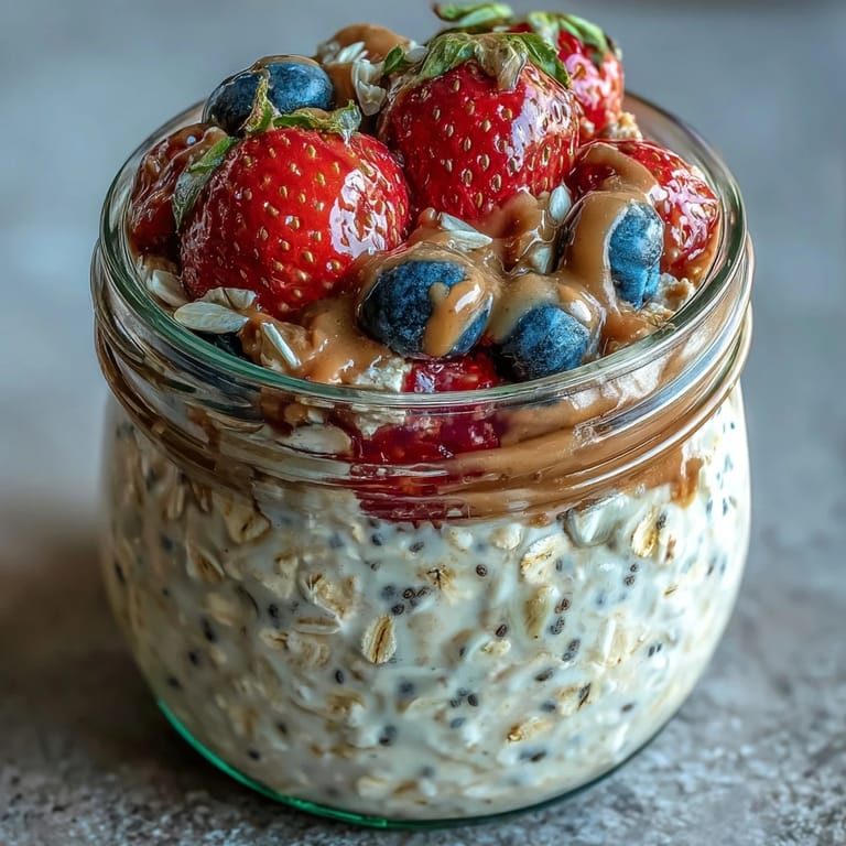 3. Desayuno de avena con chía, bayas jugosas y almendras crujientes, servido en frascos de vidrio para llevar.