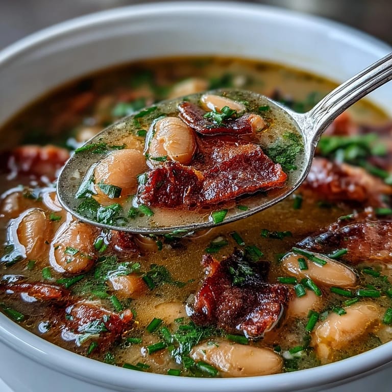 Primer plano de la sopa de jamón y alubias con hierbas frescas, mostrando la textura cremosa y los ingredientes coloridos.