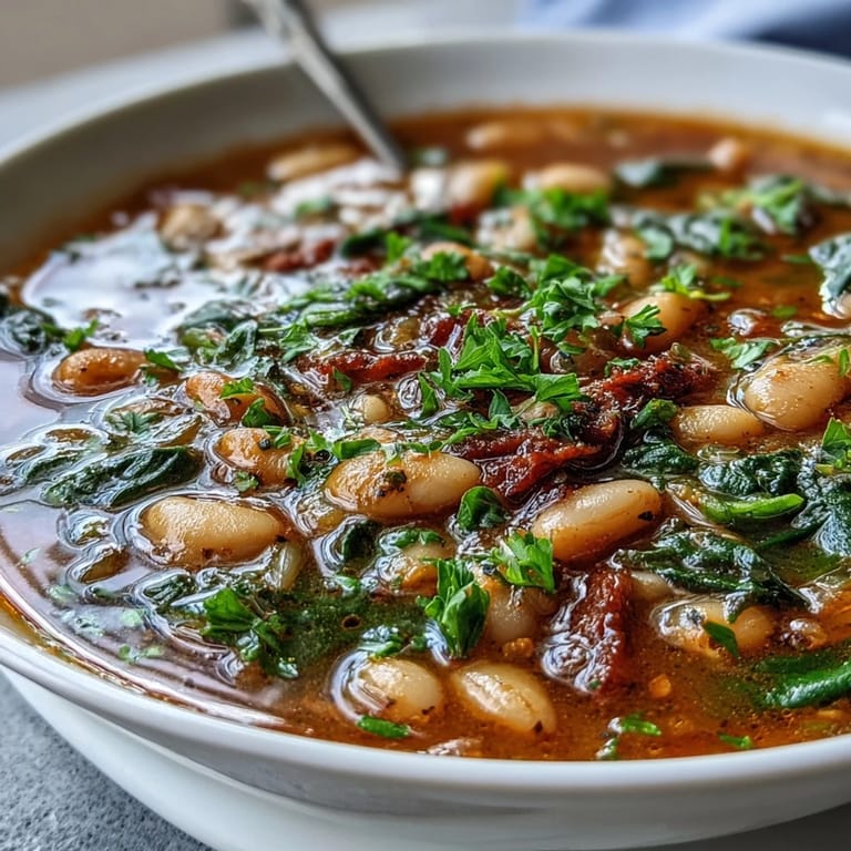 Plato de sopa toscana de frijoles blancos, rica y aromática, con pan de ajo recién horneado y dorado al lado.