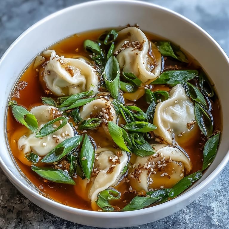 Sopa de dumplings con pollo y cebollín, servida en un tazón blanco, con dumplings dorados y caldo claro y sabroso.  
