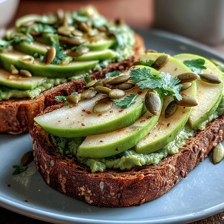2. Creamy mashed avocado spread on toasted whole grain bread with crisp green apple slices and nutty pumpkin seeds for added crunch.