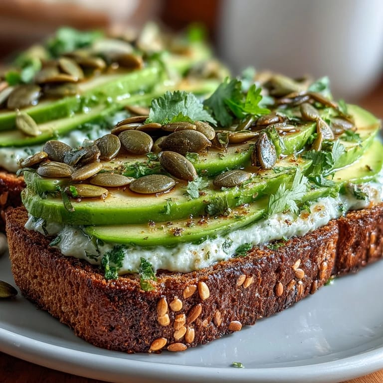 3. Healthy breakfast toast featuring ripe avocado, tart green apple, and roasted pumpkin seeds, garnished with fresh cilantro for a burst of flavor.