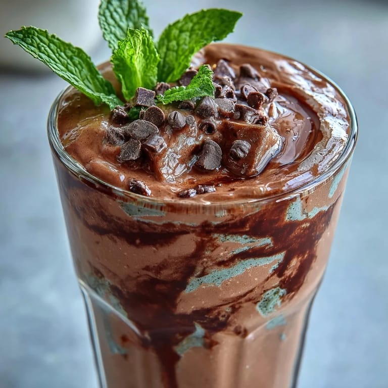Batido de proteína de chocolate con menta y banana congelada, ideal como desayuno o recuperación post-entrenamiento.