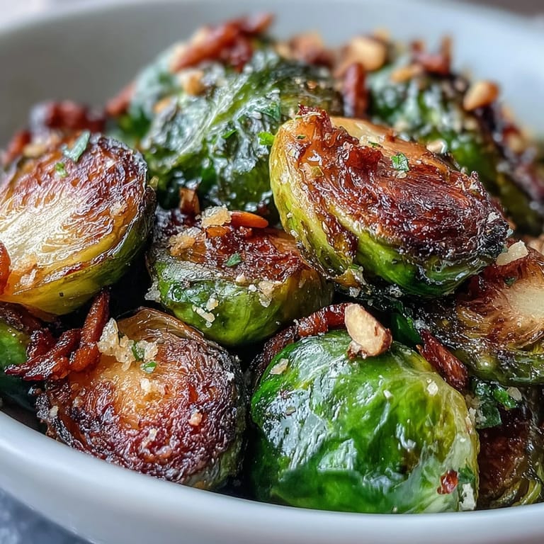Lados de coles de Bruselas asadas al horno, tiernas y doradas, mezcladas con limón, hierbas y almendras crujientes.