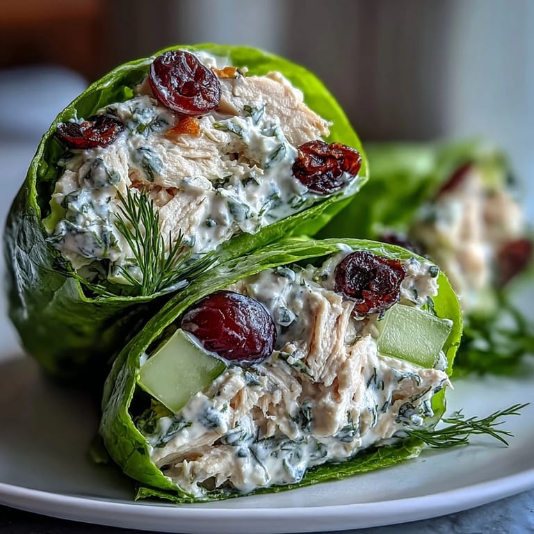 Envoltorios de lechuga rellenos de ensalada de pollo cremosa con yogur griego, apio y pepino.