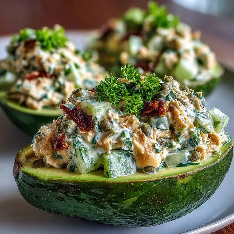 Aguacates maduros rellenos de ensalada de garbanzos vegana, ideal para un almuerzo ligero y nutritivo.  