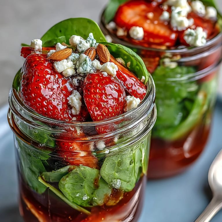 Mason jars rellenos con ensalada de espinacas, fresas en rodajas, cebolla morada y queso feta, cubiertos con almendras tostadas y vinagreta balsámica casera.