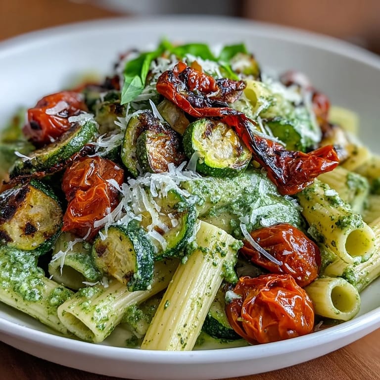 Plato principal italiano fácil de preparar con verduras asadas, pesto cremoso y pasta, perfecto para una comida vegetariana.