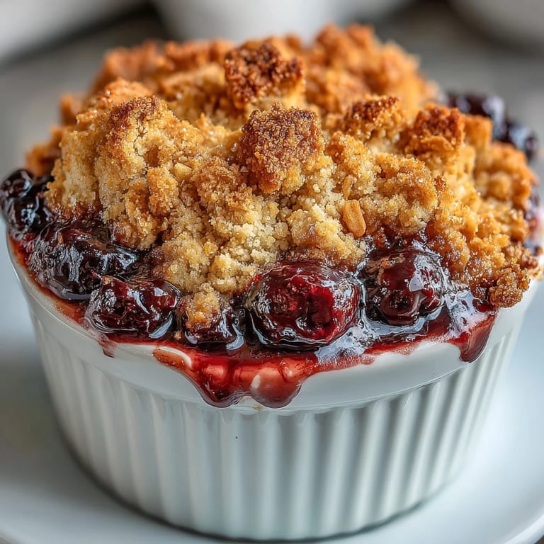 3. Crumble casero de bayas frescas y avena tostada, recién salido del horno con un aroma irresistible a canela y mantequilla.