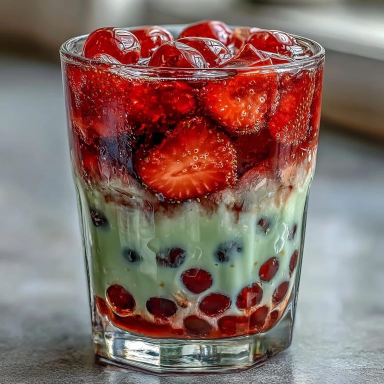 2. Bebida vibrante y dulce inspirada en el boba, con fresas puré, leche de matcha y perlas de tapioca, servida con hielo en un vaso alto.