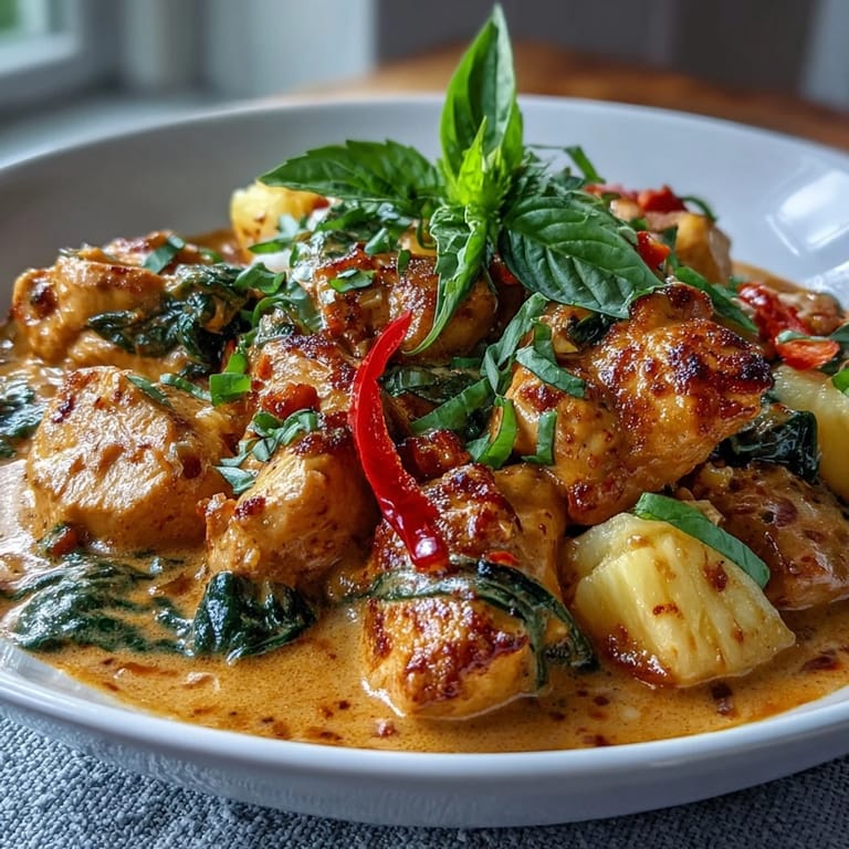 Curry aromático de pollo y piña con leche de coco, hierbas frescas y especias tailandesas, servido en un cuenco con arroz y rodajas de limón.