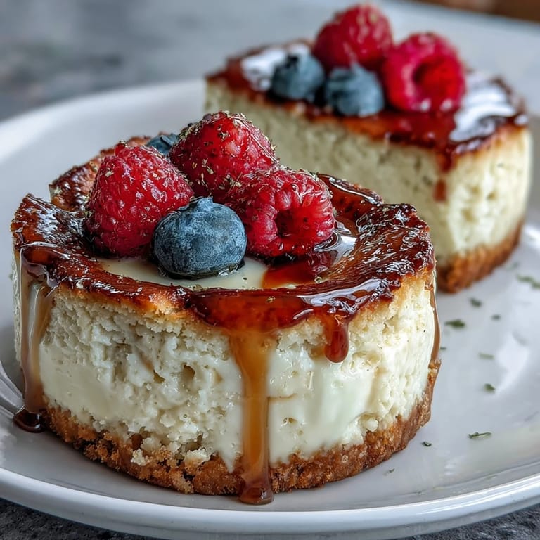 Cheesecake saludable en tazas individuales, suave y cremoso, decorado con frutos rojos frescos y miel.  