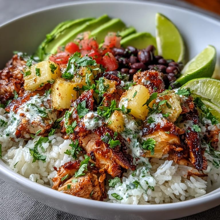 3. Flavorful chicken and coconut rice bowls garnished with black beans, pineapple salsa, and lime wedges for a zesty finish.