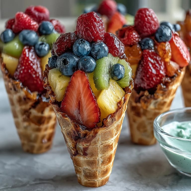 Deliciosos conos de frutas de verano con yogur, rellenos de piña, mango y uvas, perfectos para reuniones al aire libre.  