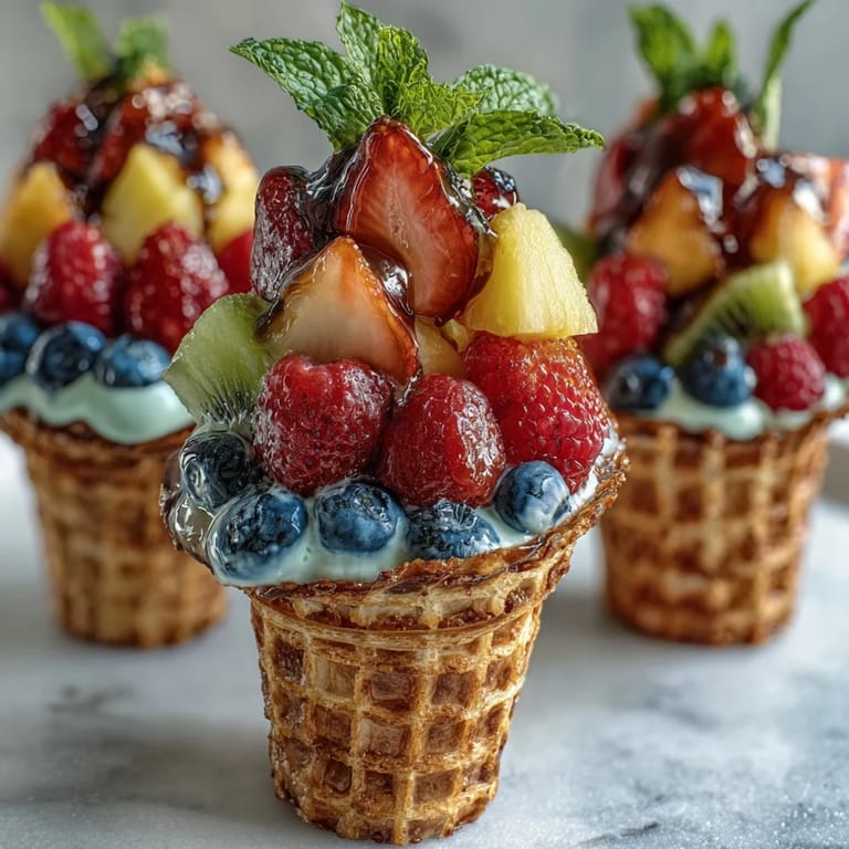 Fácil postre de conos de frutas de verano con dip de yogur, combinando frutas frescas y conos crujientes para un bocado refrescante.