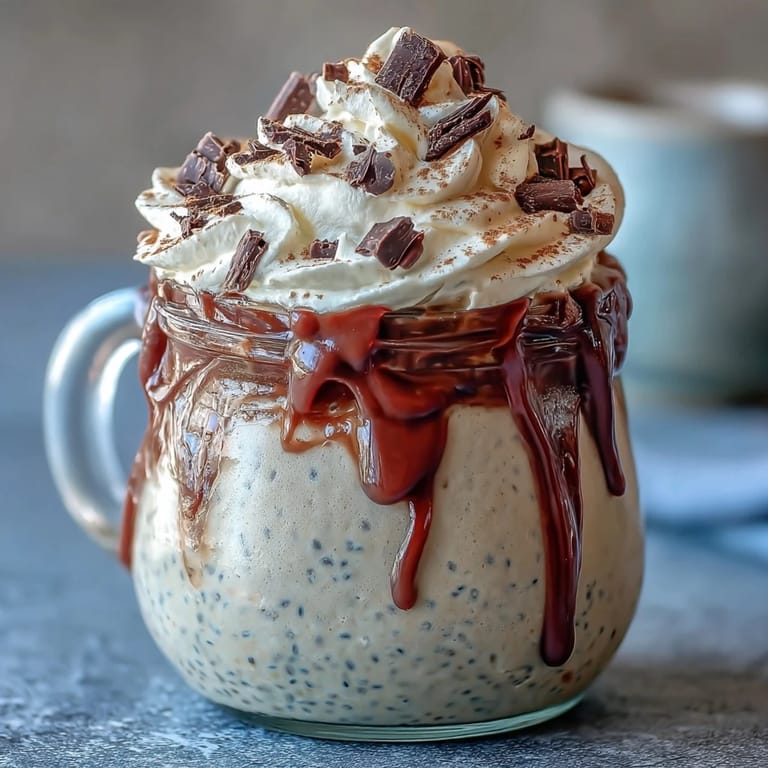 Postre de avena con toque de café y vainilla, decorado con crema batida y chocolate.  