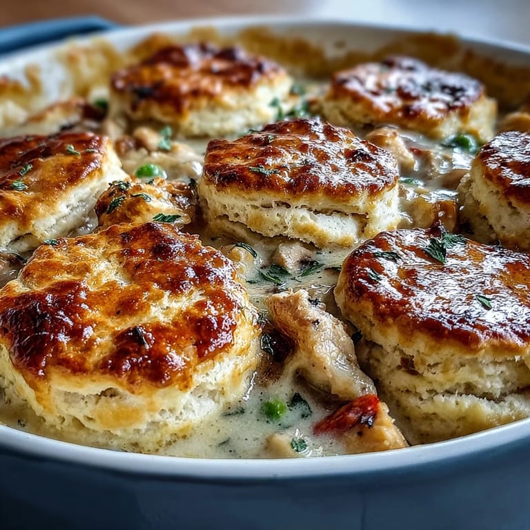 Un plato de pollo cremoso al horno con una crujiente y esponjosa cobertura de galletas doradas.