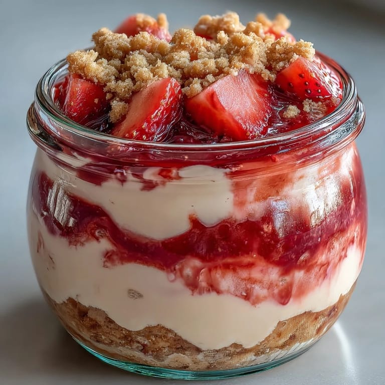 Desayuno inspirado en cheesecake de fresa: overnight oats con yogur griego, fresas jugosas y crujiente topping de galletas Graham.