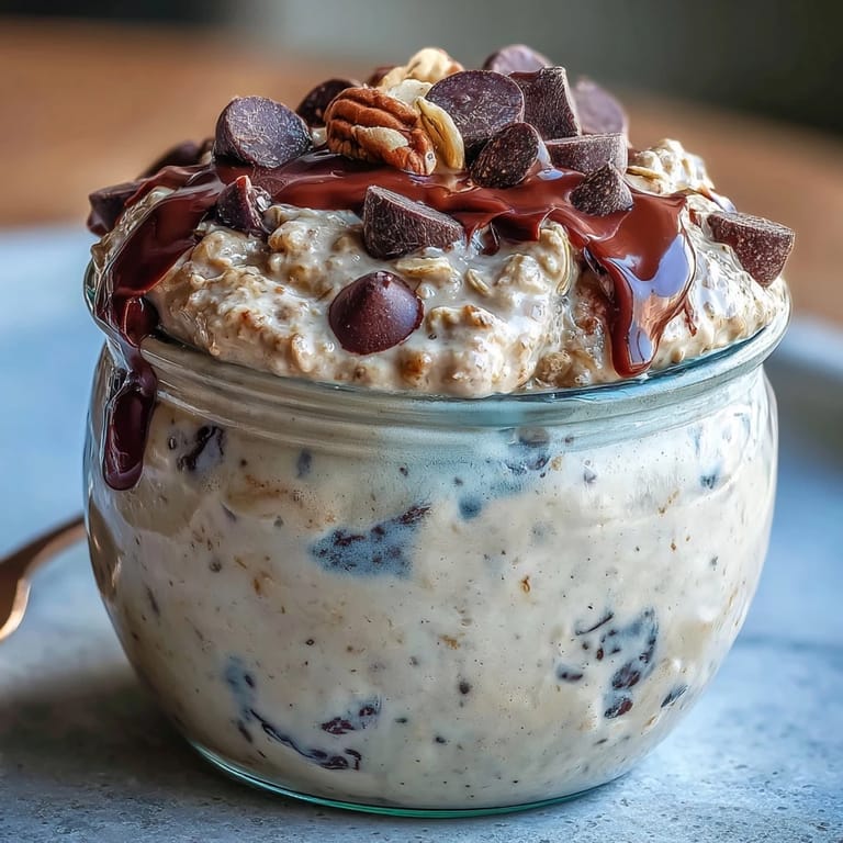 Avena fría estilo cookie dough, rica en proteínas y cubierta con chispas de chocolate.