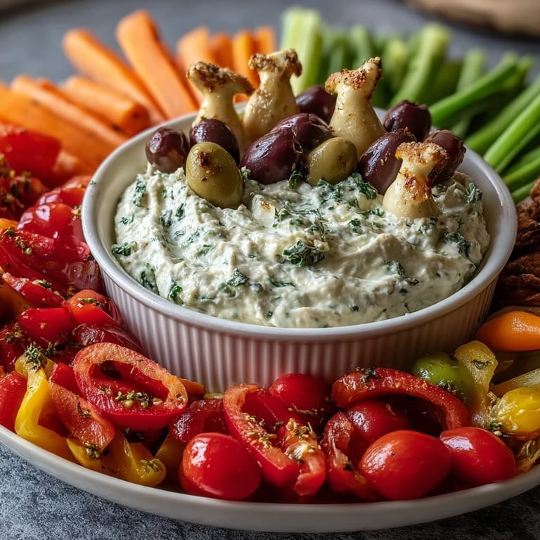 Dip de hummus con sabor a ranch en el centro de un plato colorido lleno de palitos de verduras frescas y tomates cherry.