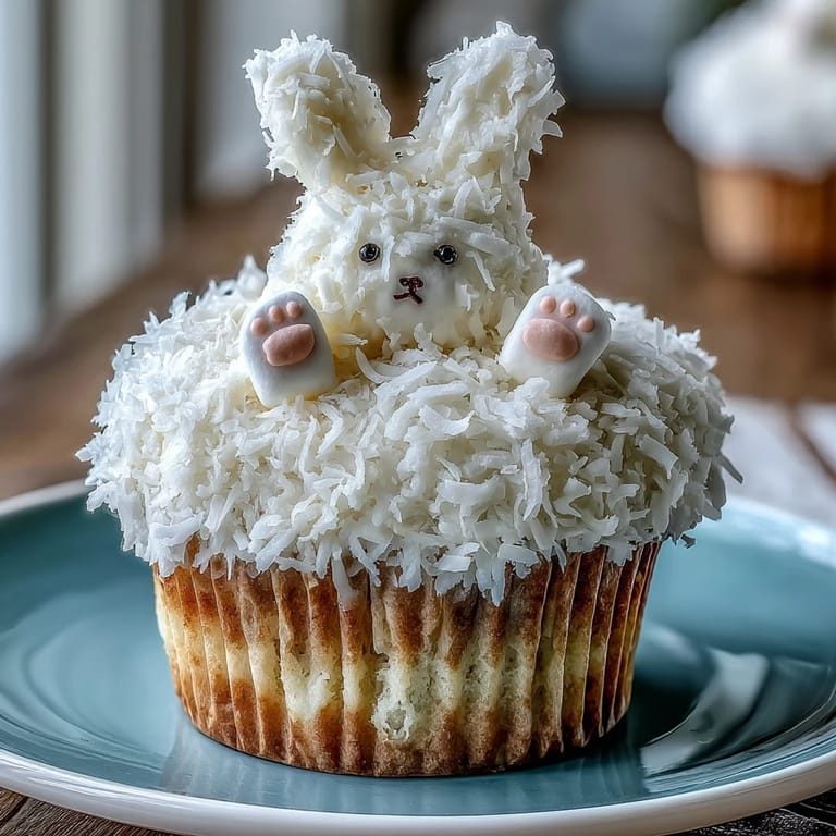 Cupcakes esponjosos decorados con coco y malvaviscos que parecen colas de conejito para la Pascua.