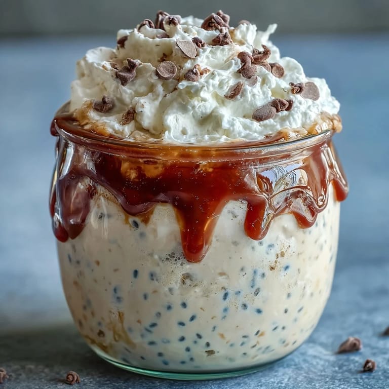 Tarro de avena nocturna inspirado en Frappuccino de vainilla, con capas cremosas de café y vainilla, cubierto con crema batida y chispas de chocolate.
