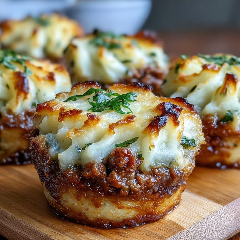 Deliciosos pastelitos de carne molida y verduras, cubiertos con puré cremoso y queso dorado.