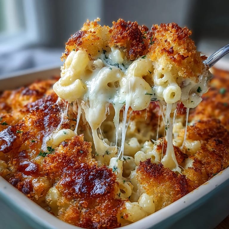 Delicioso macarrón con queso cremoso al horno, cubierto con una capa crujiente de pan rallado y queso.