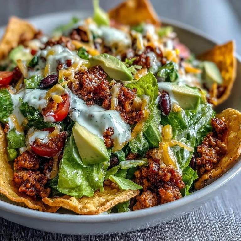 3. Wholesome taco salad bowls layered with seasoned turkey, colorful veggies, and a tangy Greek yogurt ranch dressing for a nutritious Tex-Mex meal.