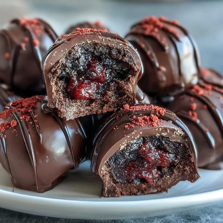 Truffas de chocolate oscuro con puré de fresa fresco y un toque de oro comestible, una delicia visual y gourmet.