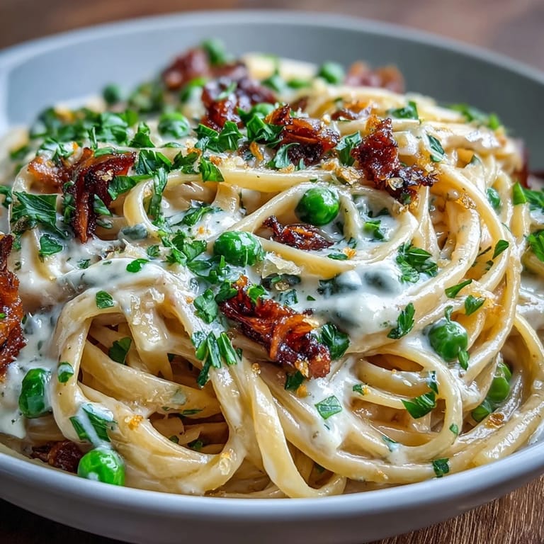 Plato de pasta con salsa de mantequilla y limón, guisantes frescos y parmesano, servido con hierbas aromáticas.