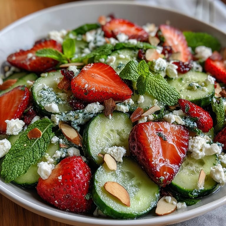 Ensalada ligera de pepino y fresas con menta, crujiente y aromática, lista en solo 15 minutos.