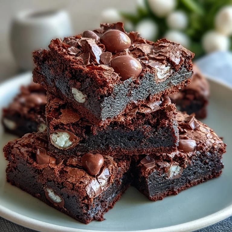Deliciosos brownies de chocolate con huevos Cadbury y cobertura crujiente, perfectos para un postre indulgente.