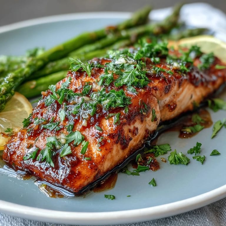 Salmón tierno y espárragos crujientes bañados en aromática salsa de mantequilla de ajo, un plato principal fresco y lleno de sabor.